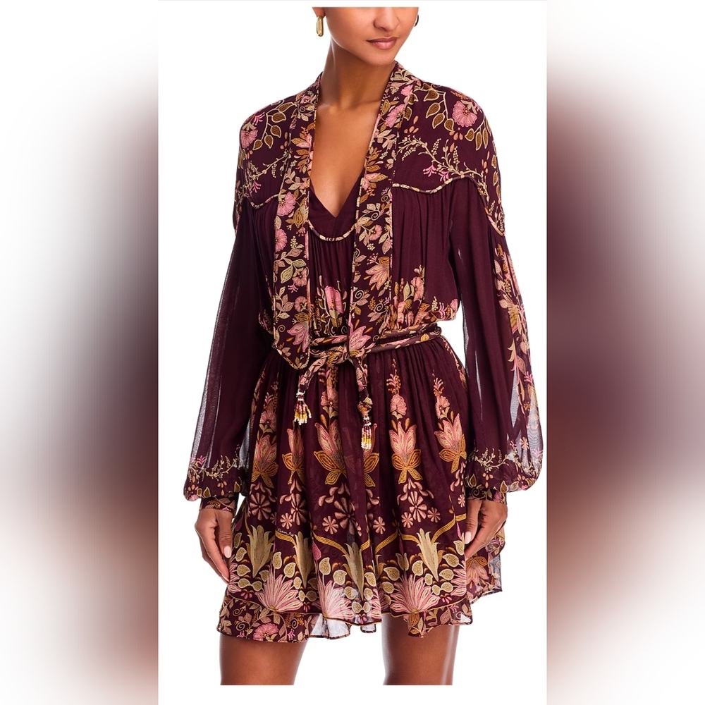 FARM Rio Bella Mini Dress Burgundy Floral Long Sleeve Dress NWT Size Small